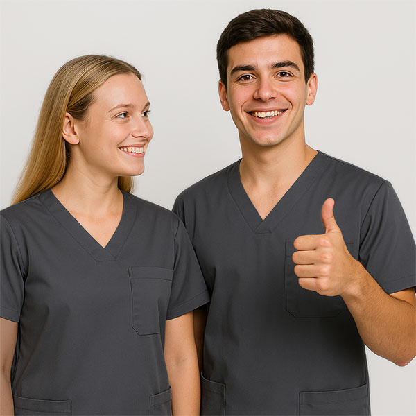 Zwei Azubis, Junge und Mädchen lachen und tragen Arbeitskleidung